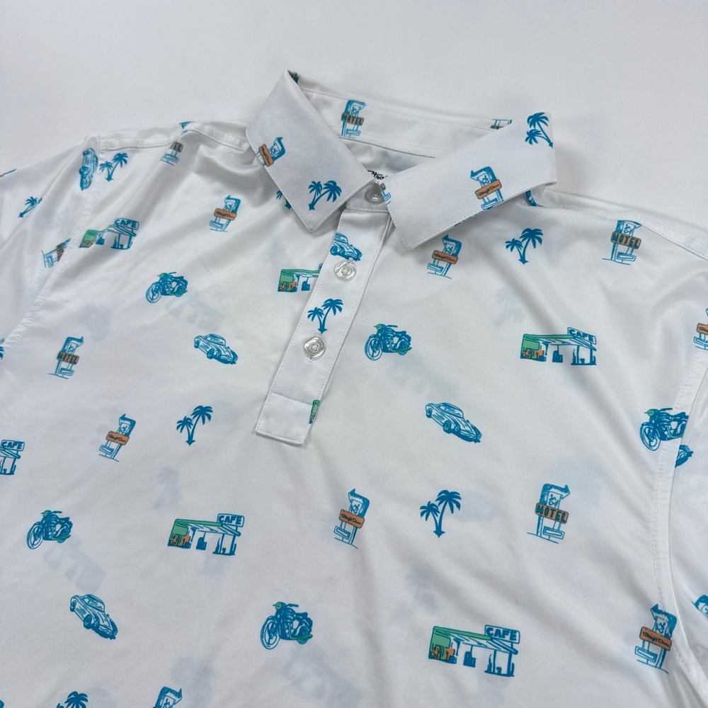 Straight Down Golf Polo Shirt Mens Medium Route Novelty Motel Car Palm Tree